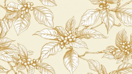 66.A seamless repeating pattern of coffee plants featuring hand-drawn line art of beans, leaves, and flowers, arranged harmoniously to evoke a sense of natural elegance, suitable for digital papers