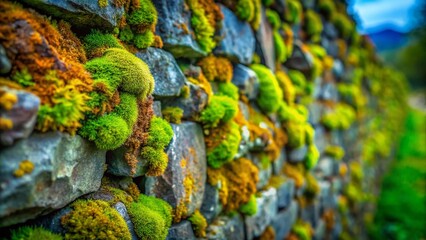 Macro Photography: Moss and Lichen Textured Stone Wall, Natural Stone Texture