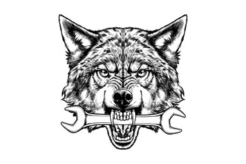 drawing illustration of a wolf biting a wrench © Ibnu
