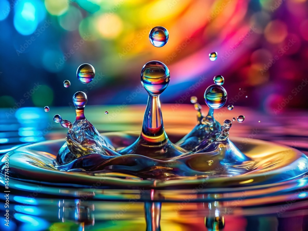 Poster macro tilt-shift photography: water drop splash with bubbles - dynamic liquid behavior