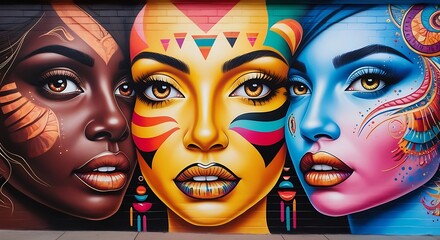Vibrant street art mural featuring three colorful abstract female faces symbolizes cultural diversity, artistic expression, urban creativity, and celebration of beauty in all forms.
