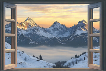 Winter mountain vista viewed through an open window. © Muhammad