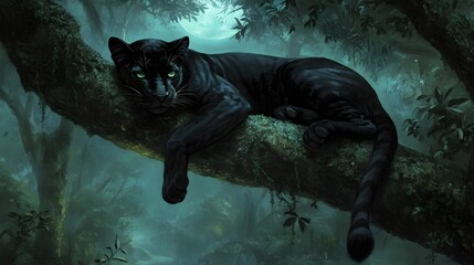 Nocturnal panther resting on a jungle branch.