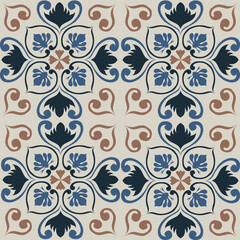 Seamless Tile pattern with blue, brown, and deep blue floral background elements.