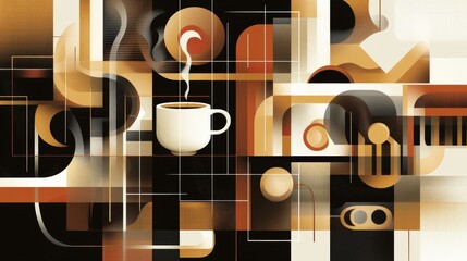 47.An abstract illustration of coffee elements such as mugs, beans, and steam swirls incorporated into a geometric grid, with earthy hues and clean lines creating a sophisticated and contemporary