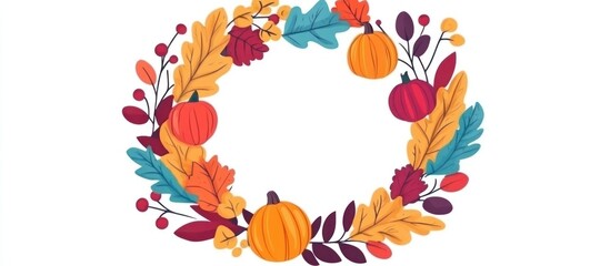 festive autumn circle frame with pumpkins, colorful leaves, and