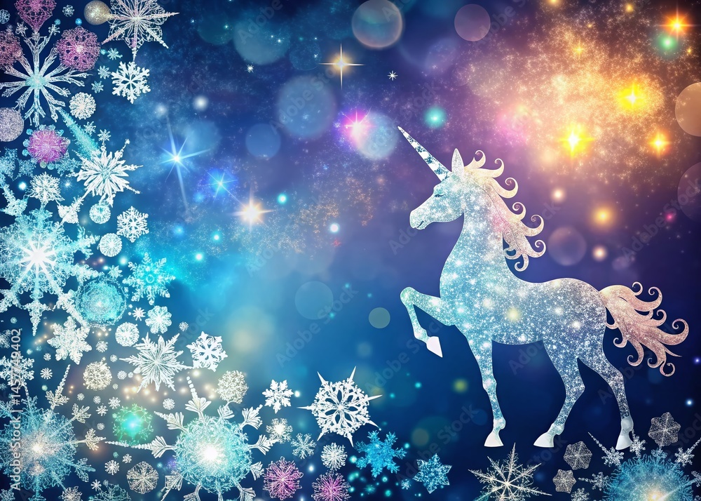 Poster magical sparkling glitter snowflake unicorn pattern background