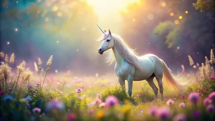 Papier peint photo Licorne Magical Unicorn Fantasy Land Tilt-Shift Miniature  - Whimsical Pastel Dreamscape  © Sirinporn