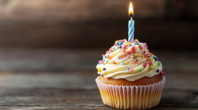 a colorful cupcake adornment featuring a brightly lit candle nes