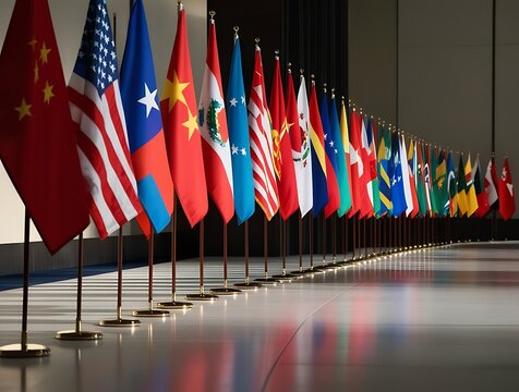 A row of international flags representing various countries displayed in a modern conference hall, symbolizing diplomacy, global unity, political cooperation, and cultural diversity.
