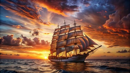 Obraz premium Majestic Clipper Ship Sunset Sailboat Calm Sea Ocean Night Photography