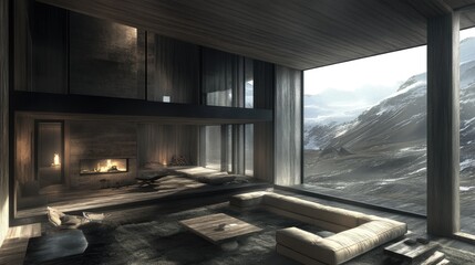 Modern mountaintop living room interior with a stunning view.