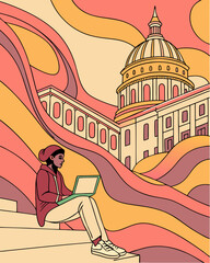 Obraz premium Surreal Digital Art Person Working on Laptop with Capitol Building Background