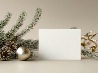 Elegant Blank Card Surrounded by Christmas Decor and Evergreen Sprigs