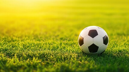 Soccer ball on green field in golden sunlight