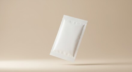 White Sachet Package on Beige Background