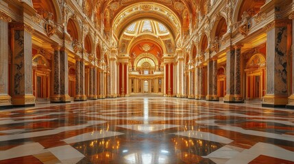 Obraz premium Opulent hall bathed in golden light, showcasing classic architecture with a reflective marble floor.
