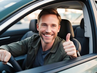 Smiling confident driver showing approval with a thumbs up gesture inside a parked car, representing customer satisfaction, safe driving, and automotive lifestyle

