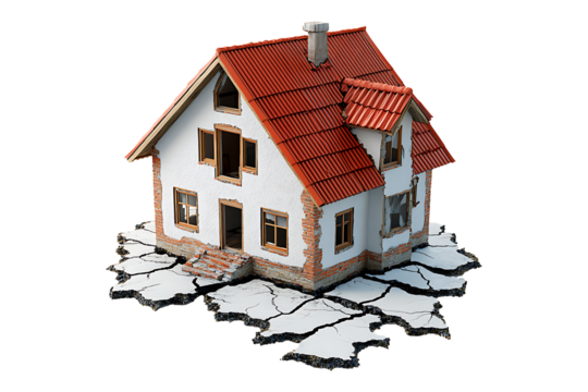 Cracked Model House with Red Roof Against Fluctuating isolated on transparent background
 