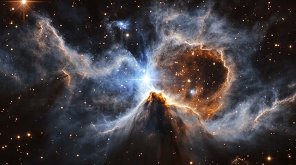 Majestic Cosmic Nebula Stellar Cloudscape Breathtaking Celestial Landscape Galactic Panorama Starry Night Universe Exploration Deep Space Astronomy Photography Orange Blue Hues Glowing      