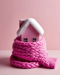 Cozy pink house model wrapped in a thick knitted wool scarf, symbolizing home insulation, winter warmth, energy efficiency, and cozy protection in a minimalist pink background setting
