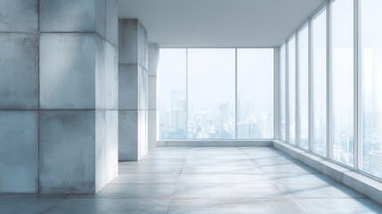 Minimalist concrete wall with large windows and soft light, embodying clean modern design in a simple office space
