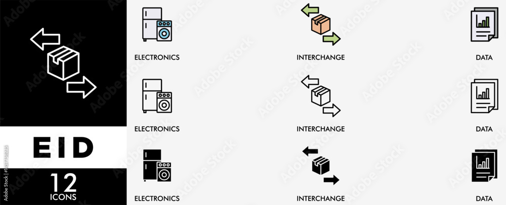 Aufkleber eid icon set with various styles and colors business documents standard format with a cloud server, 