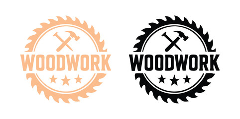 Woodwork Logo Badges Set with Saw Blade and Hammer