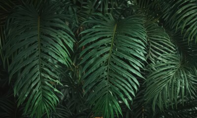 Intricate palm leaf details, rich emerald hues, tropical mood ,  closeup,  green leaves background,  paradise