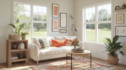 Bright, airy living room with large windows and warm decor.