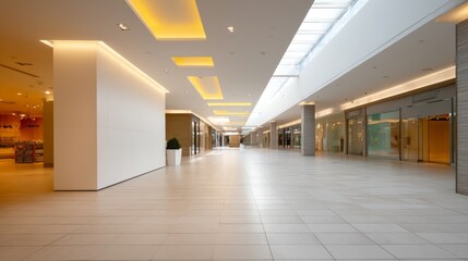 Minimalist shopping center interior with clean walkways and soft lighting, embodying modern elegance and spacious simplicity.
