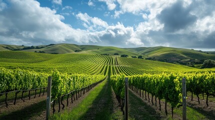 Naklejka premium Vineyard Landscape with Rolling Hills and Dynamic Cloudy Sky in the Background
