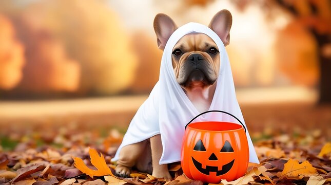 Cute dog in Halloween costume carrying a jack o lantern bucket among fall foliage, perfect for seasonal celebration, pet fashion, spooky fun, and holiday-themed visuals and backgrounds

