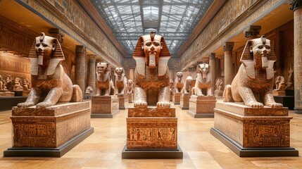An assortment of ancient Egyptian sphinx statues displayed in an grand indoor museum hall space.