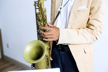 Close Up Of Jazz Saxophone Player In Performance On The Studio
