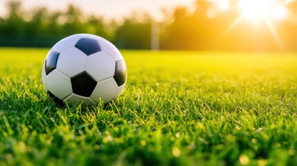 Soccer ball on grass field at sunset