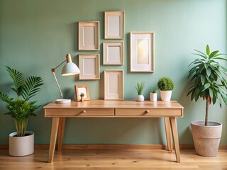Minimalist Cozy Empty Wooden Desk with Photo Frames - Interior Design Stock Photo