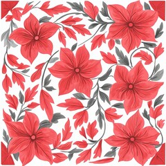 A vibrant floral pattern featuring large red flowers and delicate leaves, exuding a cheerful and lively ambiance.