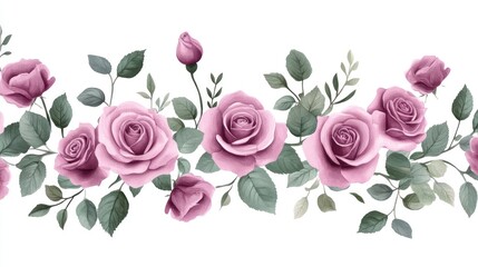 Fototapeta premium Seamless watercolor border of mauve roses and leaves