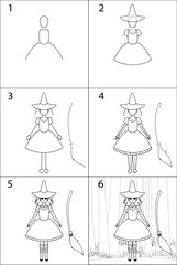 Simple instructions on how to draw a witch. A set of pictures with outlines of a girl in a magic hat. Witch with a broom, cute concept art. Cartoon style, witch house, anime, manga, comics page.
