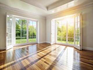 Fototapeta premium Minimalist Empty White Room, Hardwood Floors, French Doors - Stock Photo