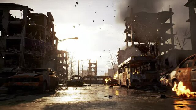 Desolate cityscape showing destruction after a major event ruined buildings and damaged vehicles with dust and smoke filling the air during daytime depicting aftermath and catastrophe