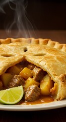 Flaky golden pie crust filled with Thai massaman curry beef and potatoes. Cross-section showing steam, served with lime wedge