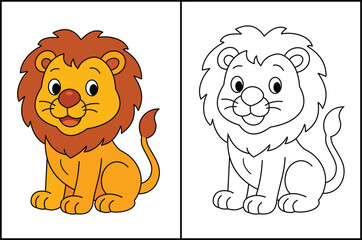 Cute lion cartoon character line art for kids coloring page book vector illustration