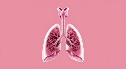 Realistic 3D anatomical rendering of human lungs with detailed bronchial structures on a soft pink background, symbolizing respiratory health, biology, and medical science
