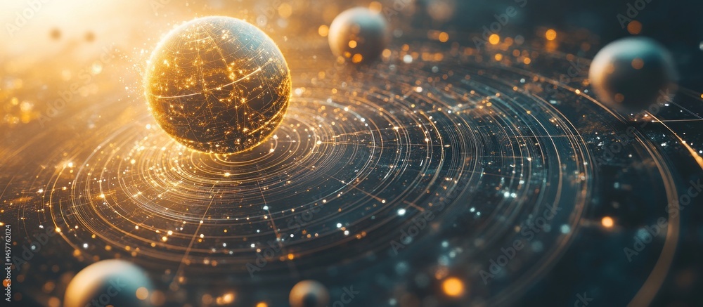 Poster a mesmerizing depiction of glowing spheres and circular pathways