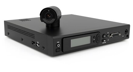 Obraz premium A black device with a camera on top and various ports and buttons on a white background studio shot