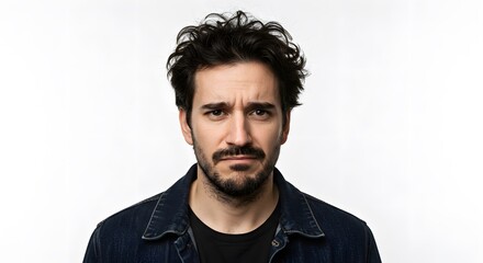 Obraz premium Portrait of a man with dark curly hair wearing a denim jacket against a white background looking at camera