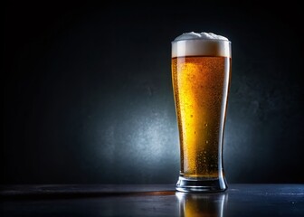 Minimalist Light Beer in Tall Glass, Black Background Stock Photo
