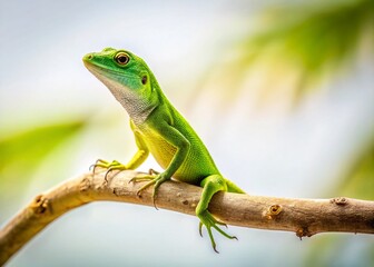 Fototapeta premium Minimalist Lizard Photography: Green Reptile on Branch